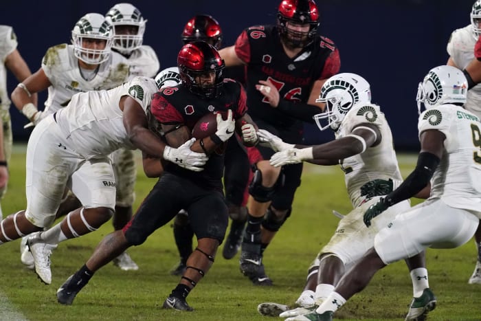 San Diego State Aztecs running back Kaegun Williams (26) carries the ball in the third quarter against the Colorado State Rams at Dignity Health Sports Park. SDSU defeated CSU 29-17